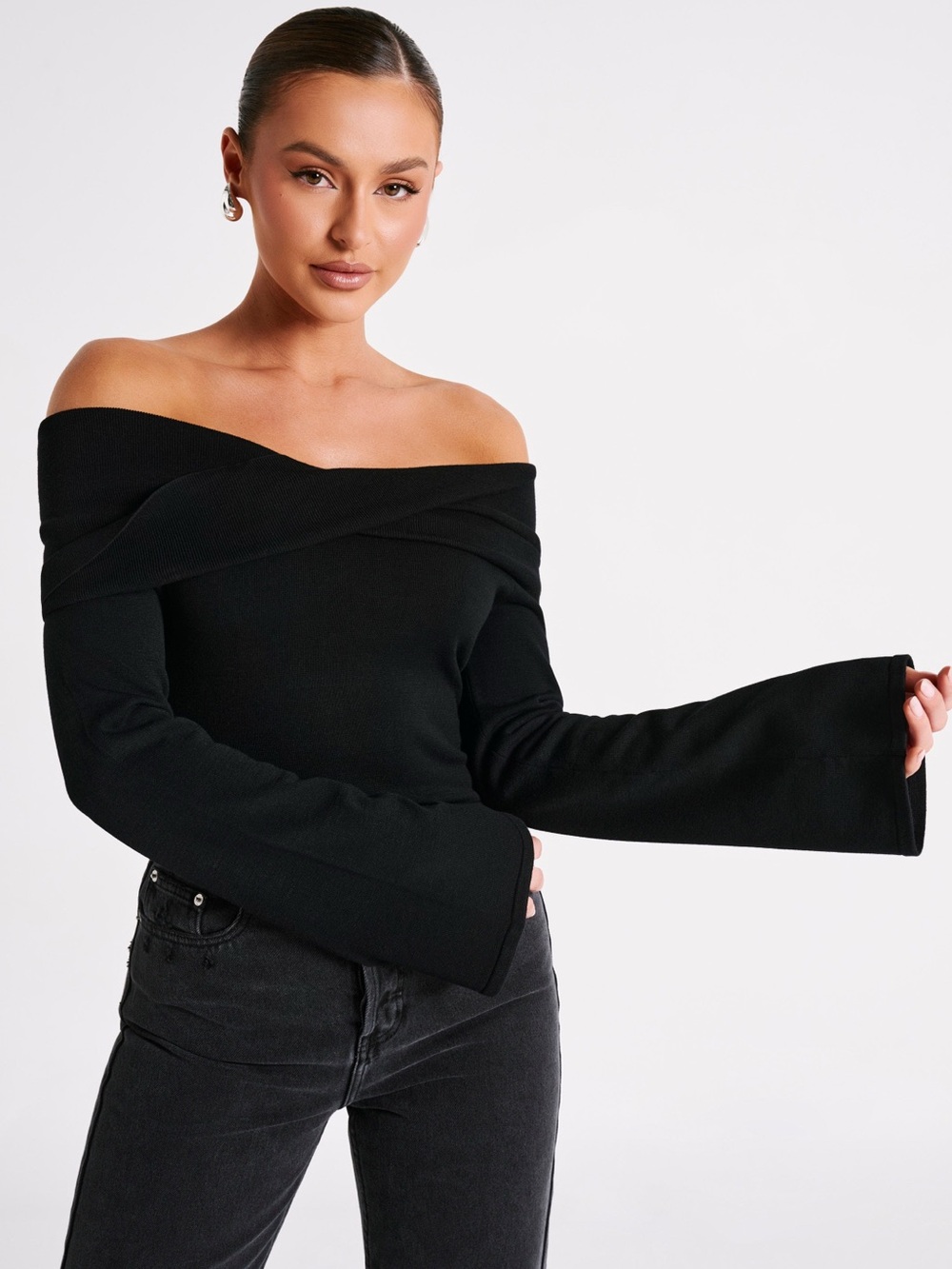 Meshki Black Off-Shoulder Long Sleeve Top